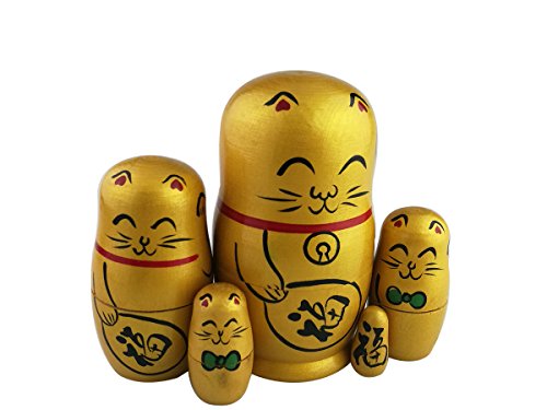 image for Winterworm Set of 5 Maneki Neko Lucky Cat Golden Wooden Traditional Ru