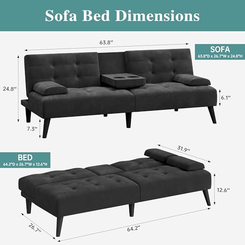 Meilocar 64\" Futon Sofa Bed, 64\" Convertible Loveseat with 2 Cup Holders, Small Couch with 3 Adjustable Angles & Removable Armrest, Sleeper Sofa for Apartment, 5.3 FT, Black