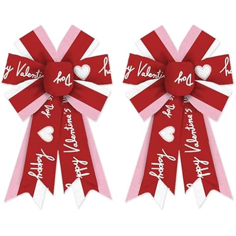 Threetols 2 Pack Valentine's Day Wreath Bows, Pink Red White Stripe Bows for Wreath Anniversary Red Heart Decoration Bows for Indoor Outdoor Holiday Proposal Wedding Party Decor Cover