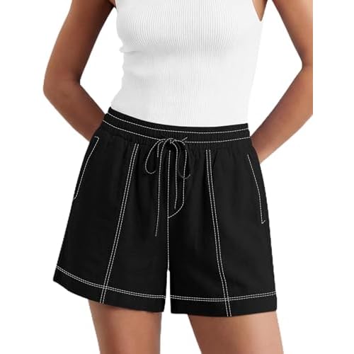 LOMON Women's Casual Linen Shorts Elastic Waisted Drawstring Summer Shorts with Pockets Black_w X-Large