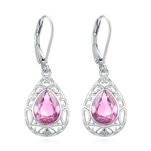 Sterling Silver Leverback Dangle Earrings for Women, Pink