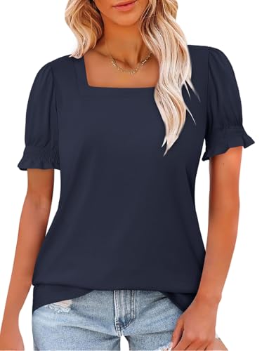 CRAZY GRID Womens Summer Blouses Puff Short Sleeve Shirts Square Neck Dressy Casual Tops Trendy Loose Tunic Ladies Spring Tshirts Navy Dark Blue Small — view 5