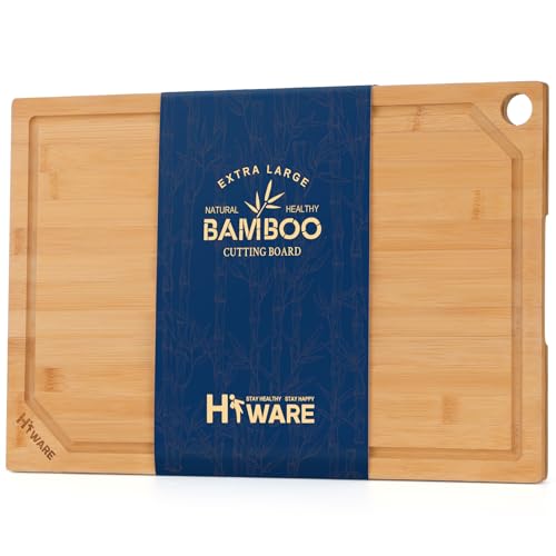 Hiware Extra Large Bamboo Cutting Board for Kitchen, Heavy Duty Wood Cutting Board with Juice Groove, 100% Organic Bamboo, Pre Oiled, 18' x 12'