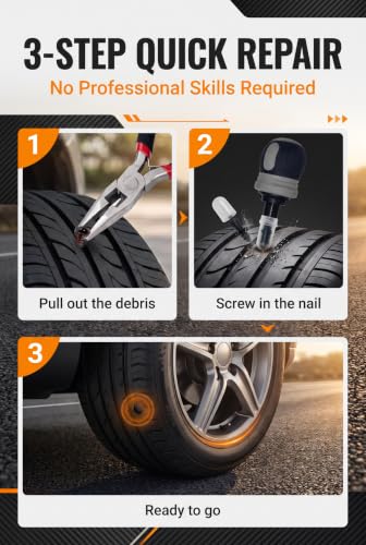 Image of Tire Repair Rubber Nail Kit with Ratcheting Screwdriver, Needle-Nose Pliers & Organizer Case, Fast Self-Service Tool for Car, Truck, Motorcycle, Tractor Tire Puncture Repair