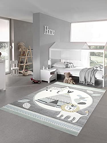 Teppich-Traum Kinderzimmer Teppich Spielteppich Indianer Zelt Löwe Zebra Kaktus grau Creme gelb...
