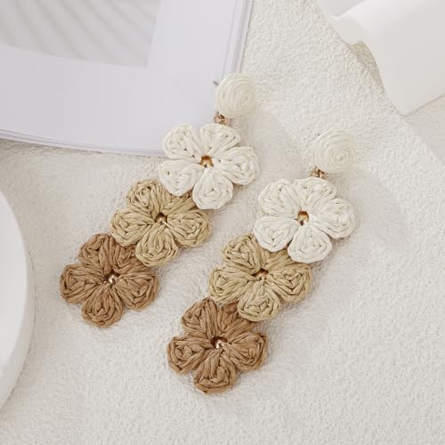 Raffia Flower Earrings, Raffia Straw Wrapped Flower Drop Dangle Earrings Summer Tropical Beach Jewelry4