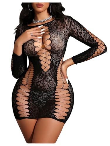 SHENHE Women's Fishnet Lingerie Dress Leopard Mesh Chemise Hollow Out Long Sleeve Babydoll Dress Black One-Size