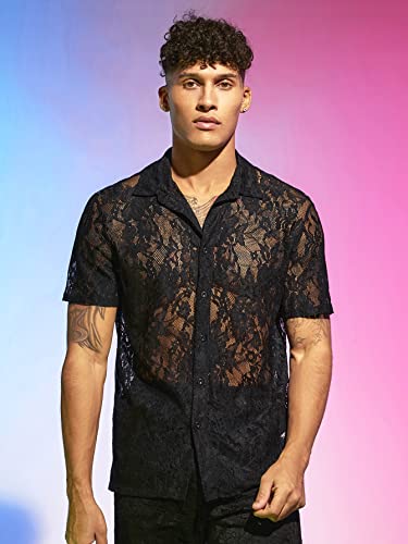 WDIRARA Men's Floral Mesh Tee Top Sheer Round Neck Short Sleeve T Shirts3