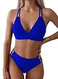 Memashore Bikini Set Women 2 Piece Swimsuits Cheeky High Waisted Cut Leg Criss Cross Back Double Straps Sexy Bathing Suits Deep V Teen Girls Royal Blue M