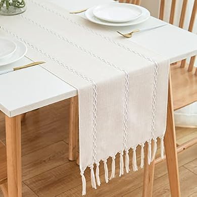 Runner Da Tavola Rustico Matches21, 40x90 Cm, Bianco Crema E Grigio Chiaro, Con Ricamo A Cuore - 3