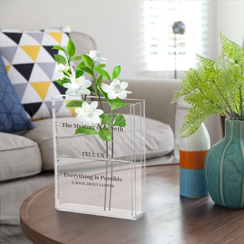 Dncvb Jarrón de libro transparente de acrílico, jarrón de libro único, irrompible, con forma de libro, jarrón de flores, minimalista para decoración de salón, dormitorio y oficina