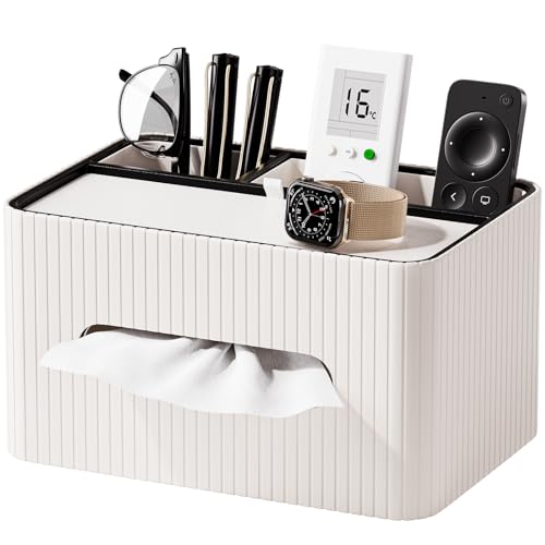 Richblue ティッシュケース 多機能 卓上収納ケース ある縦縞レザー リモコン 収納 小物入れ ペン立て デスク周り 収納 インテリア おしゃれ デスク周り 便利グッズ 北欧風 (クリームホワイト)