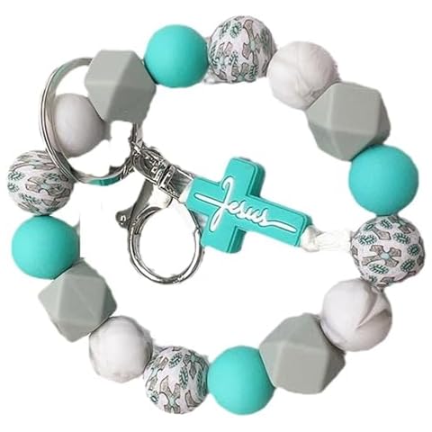 Phamines Cross Silicone Beaded Keychain Wristlet Bracelet Key Chain Charms Bag Pendant Jesus Bead Key Ring Bangle Chains for Women (Turquoise Cross Keychain Wristlet) Cover