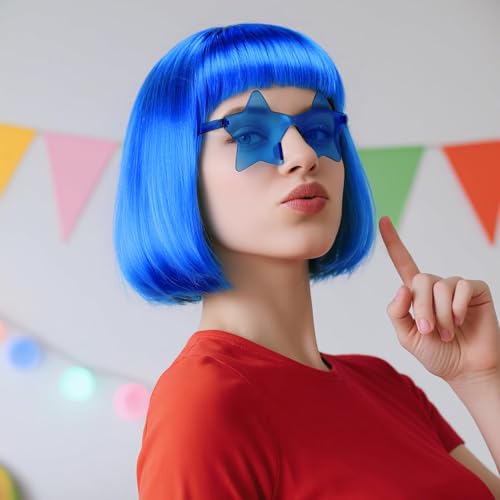 Image of ANOGOL Royal Blue Bob Wig with Bangs Navy Blue Wigs for Women Colored Wigs | Hair Cap+Sunglasses Short Neon Wig for Bachelorette Party Funny Outfit for Women Halloween Costume Night Club Crazy Hair Day