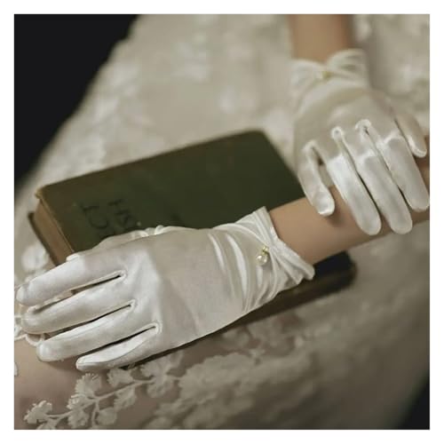 Guantes de boda para mujer de satén blanco cortos con perlas 5