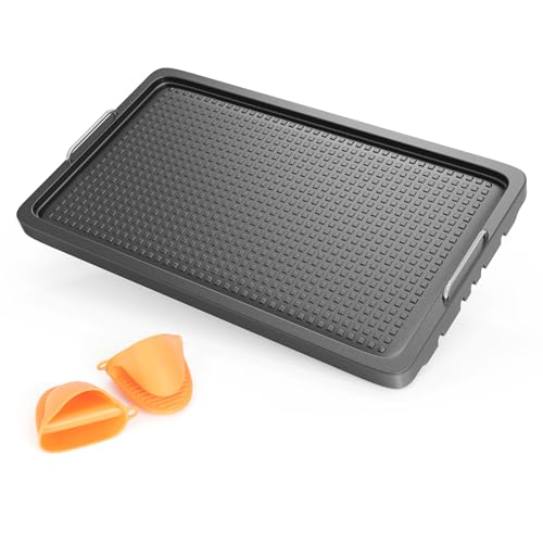 SafBbcue Upgraded Cast Iron Griddle, 15 x 8.7 Inch Griddle Pan with Silicone Cooling Handle, Griddle for Gas Stove, Electric, Flat Top, Portable for Indoor Stovetop or Outdoor Camping BBQ, Black