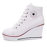  Qimaoo Damen Keilabsatz Schuhe Mädchen Canvas Sneaker Schuhe für Sport Freizeit - EU 35=CN 35(Weiß)