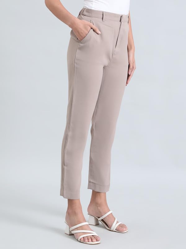 Image of GO COLORS Solid Formal Crepe Pants for Women | Mid Rise, Side Pocket
