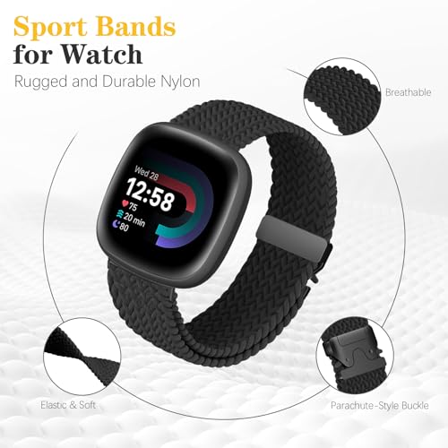 Image of HSWAI Magnetic Braided Compatible with Fitbit Versa 4 Bands for Women /Versa 3 /Sense /Sense 2 Bands, Soft Stretchy Sport Strap Woven Loop Elastic Nylon Wristbands Men