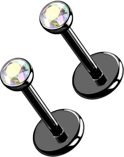 OUFER 2Pcs Black AB Nose Studs, 20G G23 Solid Titanium Threadless Stud Earrings Flat Back Tiny CZ 2.5MM Nose Helix Cartilage Tragus Conch Piercing Jewelry-5MM