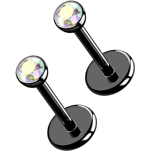 OUFER 2Pcs 20G/18G/16G G23 Titanium Threadless Nose Stud Earrings Flat Back Tiny CZ Small Nose Helix Cartilage Tragus Conch Labret Medusa Monroe Piercing Jewelry for Women Men Black AB 2pcs,