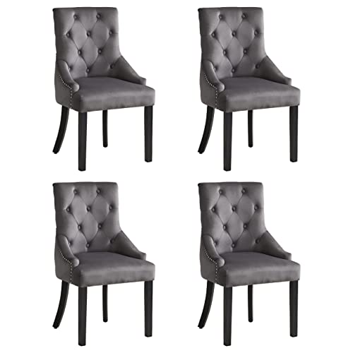 BonChoice Set of 4 Velvet Dining Chairs with Knocker Studded Black Legs for Dining Room Kitchen Upholstered Accent Side Chairs for Bedroom, Living Room, Button Tufted Armchair (4, Dark Grey)