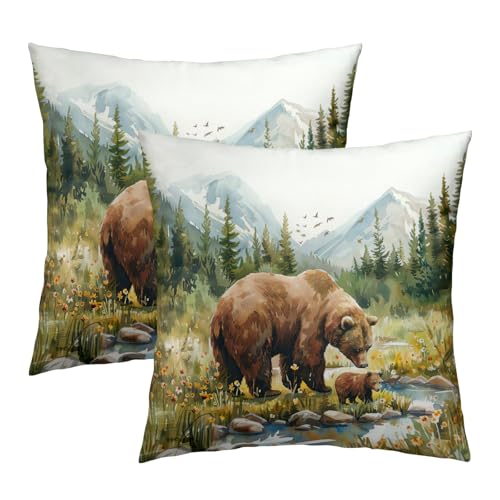 Giwawa Forest Bear Pillow Covers 18x18 Inch Wildlife Animal Throw Pillow Cases Set of 2 Soft Cushion Covers for Sofa Couch Bedding Outdoor Decor