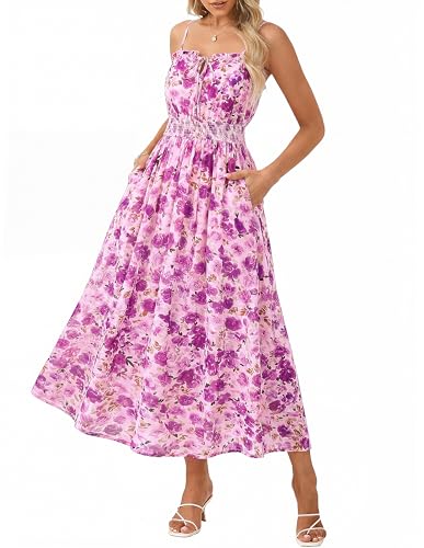 GRACE KARIN Damen Boho-Blumenkleid Lässiges Ärmelloses Maxikleid mit Spaghettiträgern Falten und lockerer A-Linien Strandkleid Festliches Kleid mit Taschen