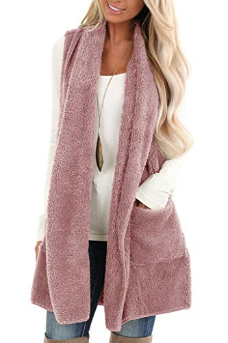 ReachMe Womens Sleeveless Sherpa Vest with Pockets Open Front Fleece Jacket Coat Cardigan Sweaters(Nude Pink,Medium)