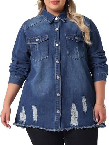 Agnes Orinda Women's Plus Size Denim Shirts Casual Long Sleeve Button Down Long Distressed Denim Jacket2