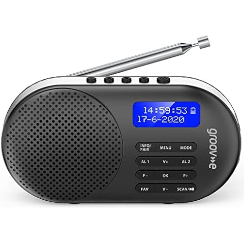 Groov-e Groov-e Milan Rechargeable DAB/FM Digital Radio With Built-In Alarm Clock and Bluetooth Connectivity | USB-C or Battery Operated Portable Radio | LCD Display | 60 Preset Stations - Black Cover