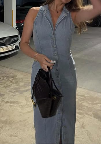 NRTHYE Womens Summer Elegant Sleeveless Maxi Denim Dress V Neck Button Down Bodycon Sexy Long Jean Dresses with Split2