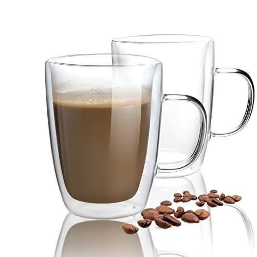 HORLIMER Lot de 2 tasses à café en verre à double paroi isotherme 350 ml avec poignée pour expresso, cappuccino, latte, thé, lait, jus Cover