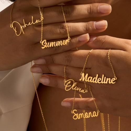 Lovenus Custom Name Necklace for Bridesmaid Wedding Gifts 18K Gold Plated Name Plate Necklaces for Women Personalized Christmas Mothers Day Jewelry Gifts
