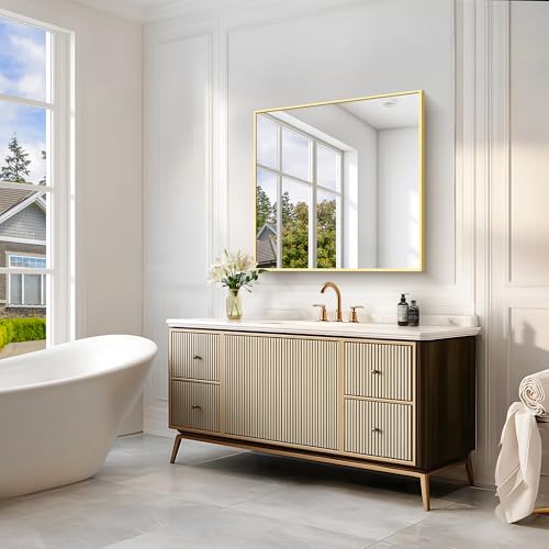 Image of COFENY Gold Bathroom Mirror for Wall, 30x30 Inch Square Mirrors with Metal Frame, Modern Vanity Wall Mirror Decor for Bathroom Living Room, Entryway Hangs Horizontal or Vertical