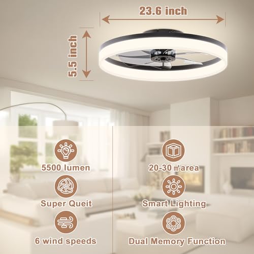 Image of VOLISUN Low Profile Ceiling Fan with Light and Remote, 23.6in Flush Mount, Dimmable LED Fan Light, Bladeless for Bedroom (Black)