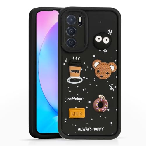 Image of Bintage Cute Fun Taddy Cartoon 3D Ball Bear Milk Donut Coffee Cup Silicon Case Full Body & Camera Protection Back Cover Compatible for Oppo A53s 5G - Black