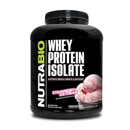NutraBio Whey Protein Powder Isolate Supplement – 25g of Protein Per Scoop with Complete Amino Acid Profile – Soy and Gluten Free – Zero Fillers and Non-GMO – Strawberry Ice Cream – 5 Lbs.