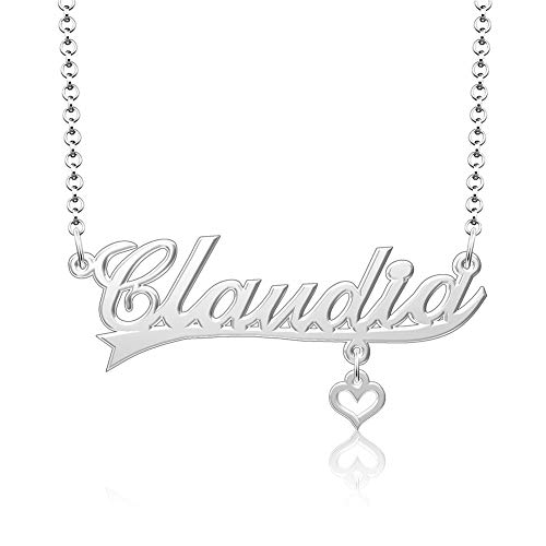 Q&Locket 925 Sterling Silver Classic Personalized Custom Name Necklace Script Initial Nameplate Necklaces Gifts for Girls Womens CLAUDIA heart