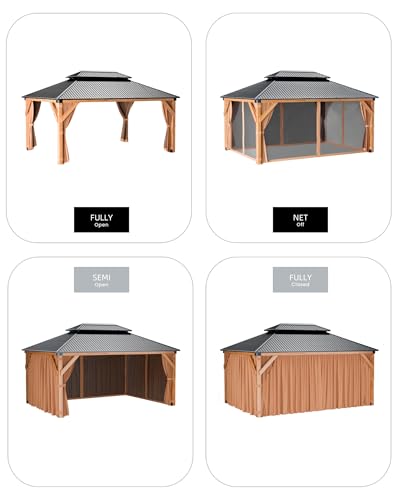Hardtop Wood Gazebo 12'x16' for All Weather, with Double Metal Roof, Heavy Duty Wooden Frame, Net, and Curtain, Permanent Building for Patio, Deck, Backyard, Lawn, and Garden, Khaki