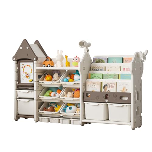 Image of UNICOO® Magic Castle Kids Toy Storage & Bookshelf Organizer with 14 Easy-Pull Bins, Durable HDPE Material, Multifunctional Play Collection with Painting Board & Telescope, Children's Bookcase (Brown)