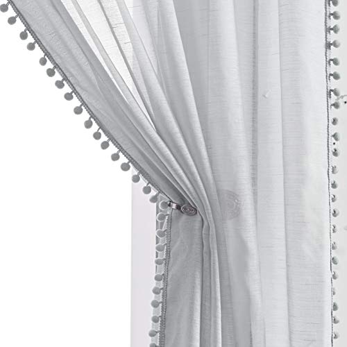 Treatmentex Cortinas Gris Translúcidas con Pompones para Salón, 140x225cm