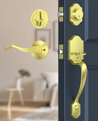 Image of Brightify Brushed Gold Front Door Lock Set, Keyed Entry Door Handle with Deadbolt for Home Security, Reversible Left /Right-Hand, Adjustable Latch, Fits 1-3 /8 inch to 1-3 /4 inch Door Thickness