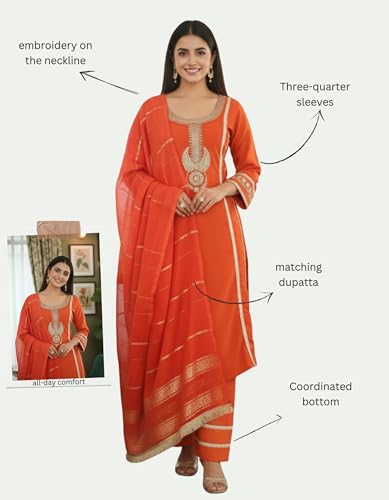 Image of GRECIILOOKS Kurta Sets for Woman | Kurti Set | Women's 3 Piece Dupatta Set | Silk Cotton Kurta Sets for Woman | Elegant Suit Set for Women Cotton | Women Kurta with Dupatta Cotton