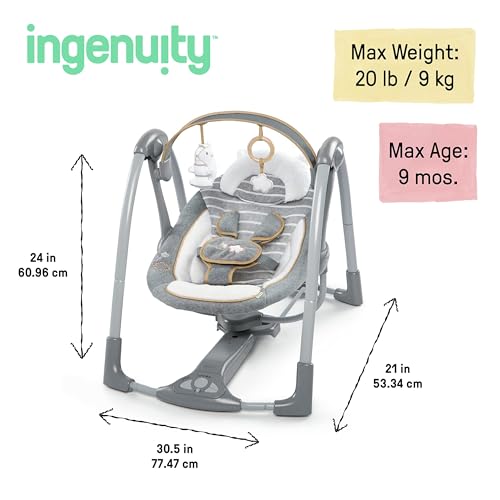Ingenuity Swing 'n Go Deluxe 5-Speed Baby Swing with Cushioned Harness - Foldable, Portable, 2 Plush Toys & Sounds, 0-9 Months 6-20 lbs (Bella Teddy) - Image 4