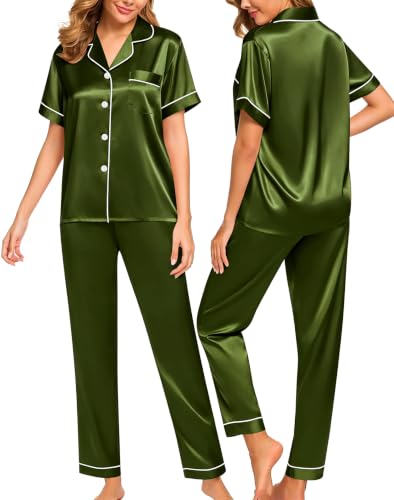 Image of SWOMOG Women Satin Pajamas Set Short Sleeve Top & Pants Sleepwear Silky Button Down Nightwear 2pcs Loungewear Pjs Set