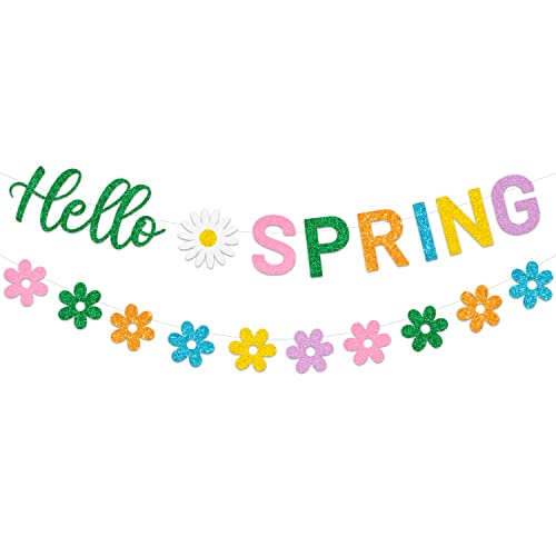 JOZON Hello Spring Banner and Flower Banner Colorful Glittery Spring...