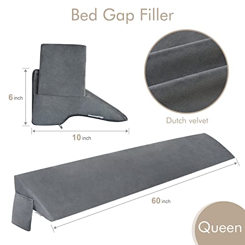 Image of Vekkia Queen Bed Wedge Pillow for Headboard Gap Filler(0-5 inch),High-Density Foam,Prevents Pillows & Items from Falling,Ergonomic Design,Large Storage Pockets, Removable&Washable Cover,Gray,60''x10''x6''