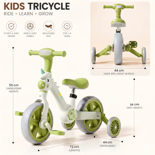 Image of 3-in-1 Kids Tricycle with Music & LED Light | Convertible Tricycle to Balance Bike | Ride-On Cycle for Kids10 Months to 3 Years (Green)