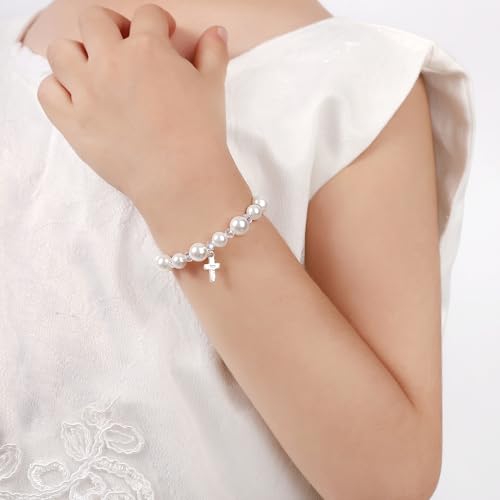 Image of Pearl Cross Bracelets for Girls, Sterling Silver Baby Bracelet, Baptism Gifts for Girl, Christening and First Communion Christian Jewelry Gift for Kids